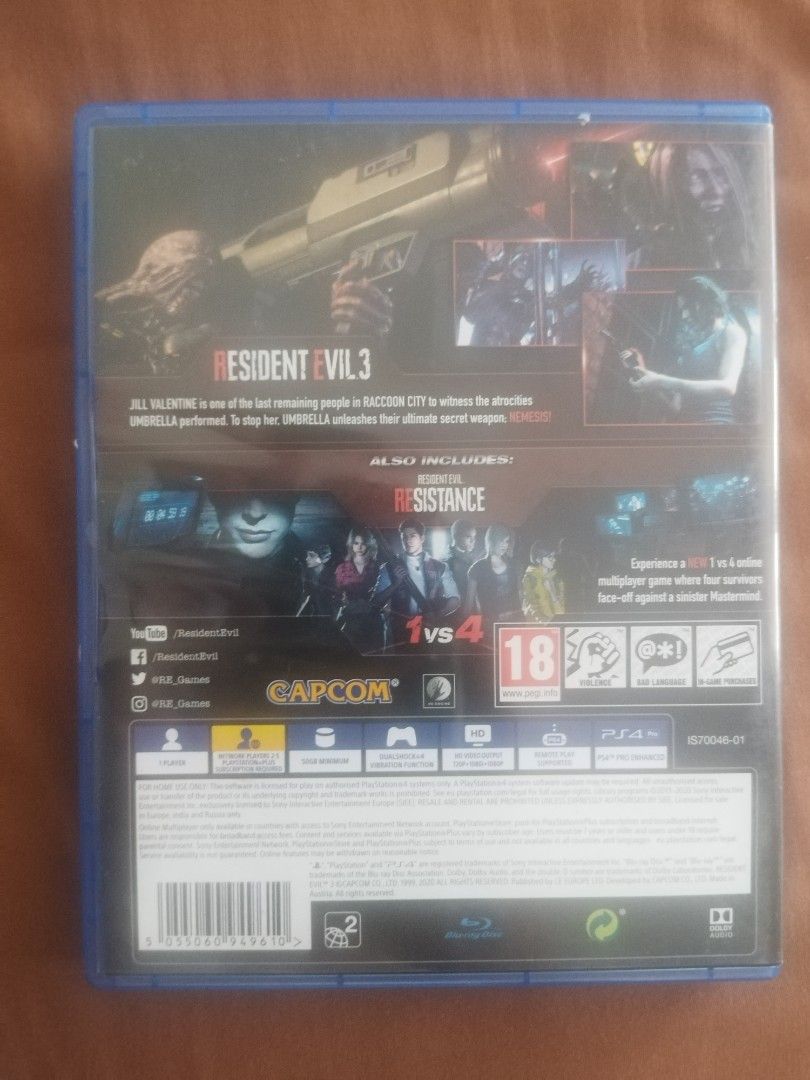 Resident Evil 3 PS4 (Category: PlayStation) located in Manila. Submitted by acdelta (Listing ID 1460603917, Image 2). Description: - Resident Evil 3 for PlayStation 4 - Includes main game and Resident Evil Resistance multiplayer - Case in good shape.