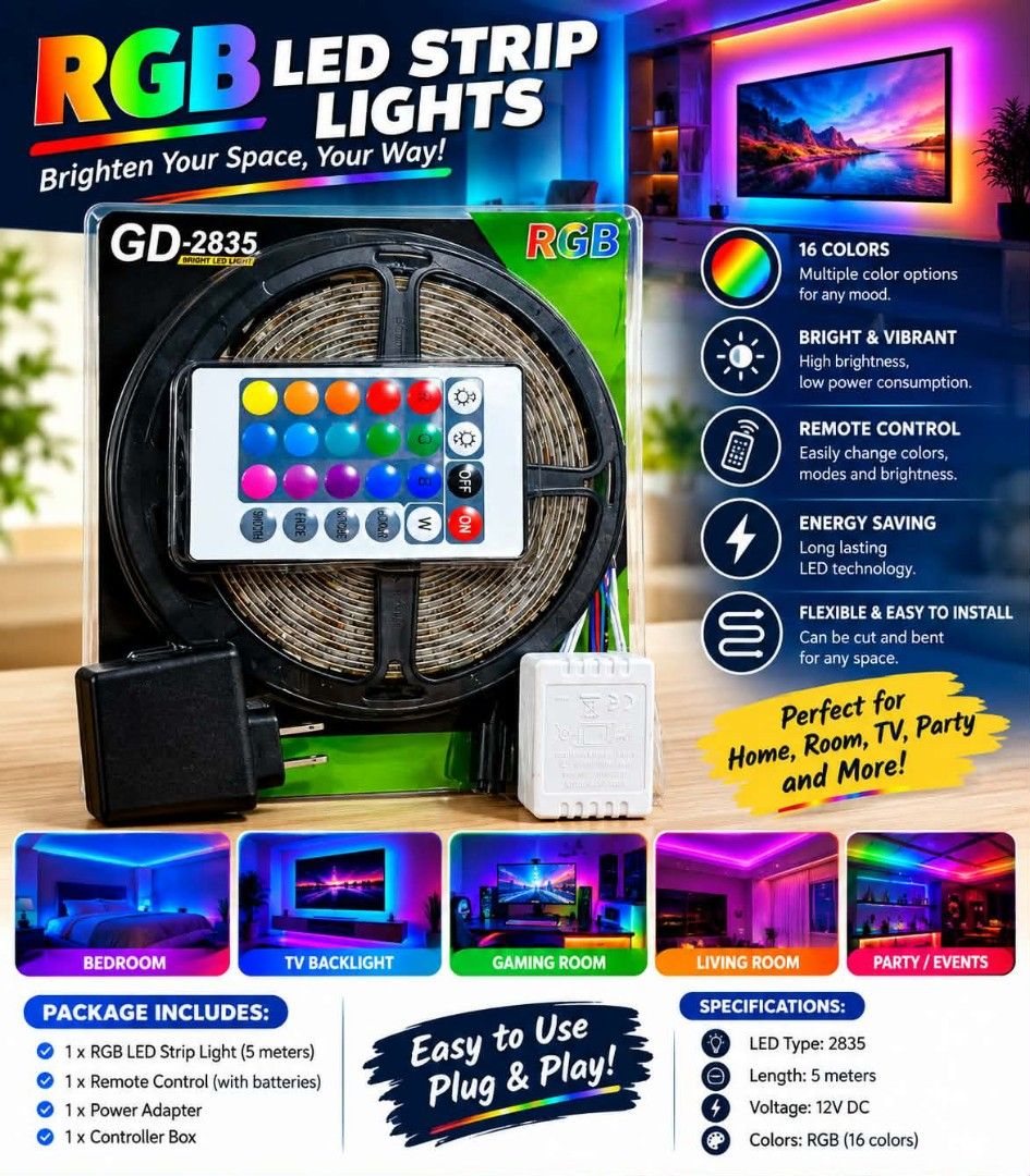 RGB led strip lights (Category: Lighting) located in Manila. Submitted by yzcartph (Listing ID 1460541216, Image 1). Description: 5m 300 10m 480.