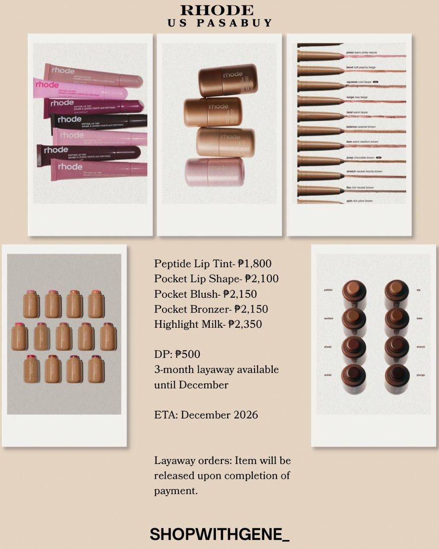 RHODE PASABUY (Category: Makeup) located in Manila. Submitted by shopwithgene_ (Listing ID 1460616585, Image 1). Description: Dp: ₱500 3 month layaway available until December ETA: December 2026 .
