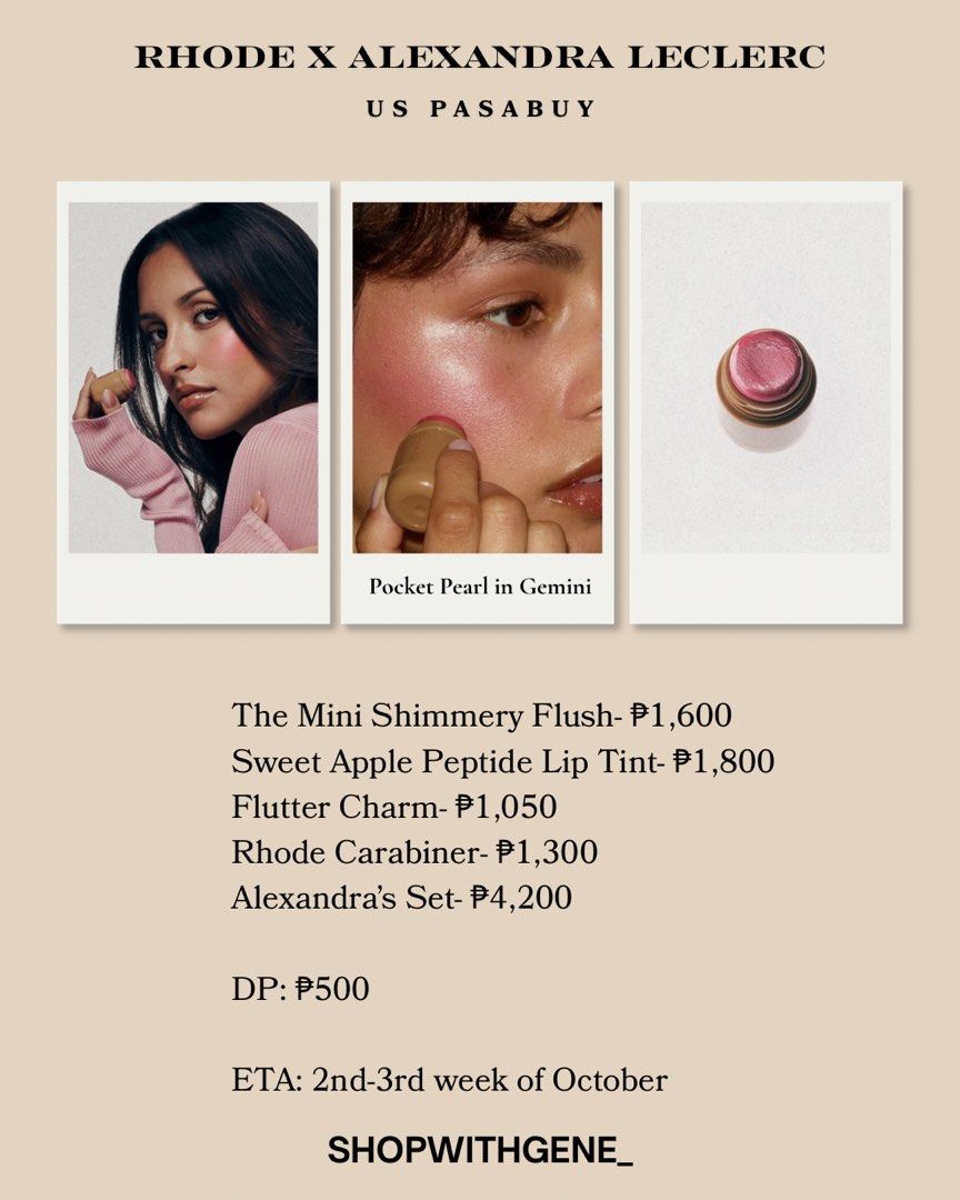 Rhode X Alexandra Leclerc (Category: Makeup) located in Manila. Submitted by shopwithgene_ (Listing ID 1460581891, Image 3). Description: RHODE <3 ALEXANDRA LECLERC 💎 Limited Edition ✨ Secure yours now! Second pre-order Slots: Alexandra Set: ₱4,799 DP: ₱500 💰 DP: ₱500 📦 ETA: 2nd–3rd week of October 📸 Credits: Photos from Rhode Skin.