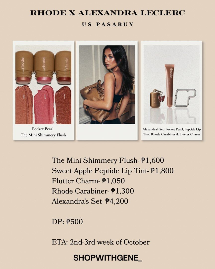 Rhode X Alexandra Leclerc (Category: Makeup) located in Manila. Submitted by shopwithgene_ (Listing ID 1460581891, Image 1). Description: RHODE <3 ALEXANDRA LECLERC 💎 Limited Edition ✨ Secure yours now! Second pre-order Slots: Alexandra Set: ₱4,799 DP: ₱500 💰 DP: ₱500 📦 ETA: 2nd–3rd week of October 📸 Credits: Photos from Rhode Skin.