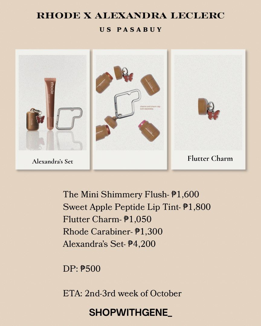 Rhode X Alexandra Leclerc (Category: Makeup) located in Manila. Submitted by shopwithgene_ (Listing ID 1460581891, Image 2). Description: RHODE <3 ALEXANDRA LECLERC 💎 Limited Edition ✨ Secure yours now! Second pre-order Slots: Alexandra Set: ₱4,799 DP: ₱500 💰 DP: ₱500 📦 ETA: 2nd–3rd week of October 📸 Credits: Photos from Rhode Skin.