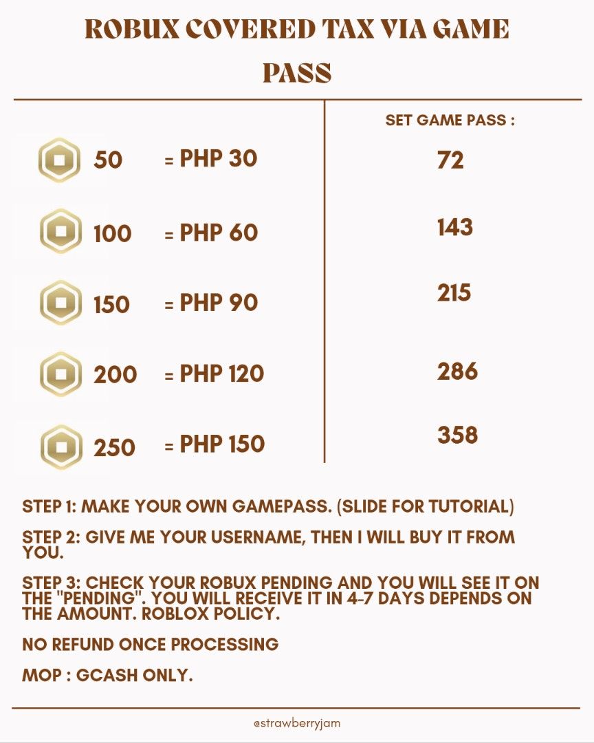 ROBUX COVERED TAX VIA GAME PASS (Category: In-Game Products) located in Caloocan City. Submitted by strawberryjam.352 (Listing ID 1460648285, Image 1). Description: DISCOUNTED ROBUX FOR SALE! COVERED TAX SELLING VIA GAMEPASS FAST PROCESS. NEXT SLIDE FOR TUTORIAL AND IMPORTANT INFO (YOU CAN ASK ME IF YOU STILL CONFUSED ) MOP : GCASH.