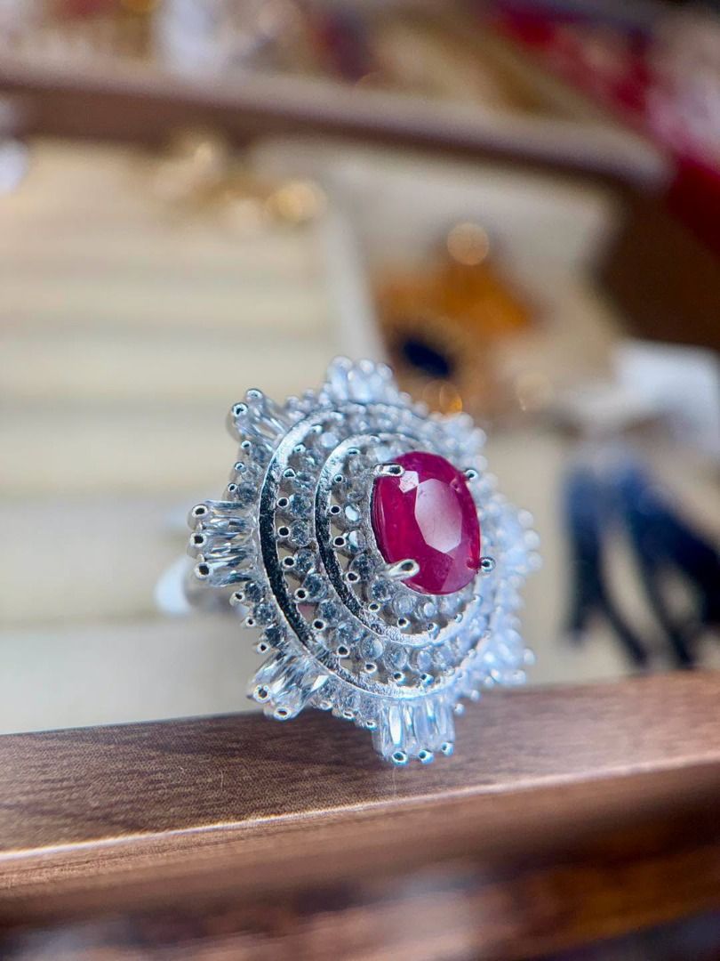 S8.5 NATURAL RUBY WITH SIMULATED DIAMONDS IN NEW SILVER SETTING (Category: Rings) located in Baguio. Submitted by asna_taku (Listing ID 1460550585, Image 2). Description: 💗 NATURAL RUBY WITH SIMULATED DIAMONDS IN NEW SILVER SETTING A striking ruby statement ring with an intricate, sparkling setting that beautifully frames the center stone. ✨ ❤️ Natural Ruby 💎 Simulated Diamonds 🤍 New Silver Setting 💍 Size 8.5 ✨ Bold, elegant statement piece ₱