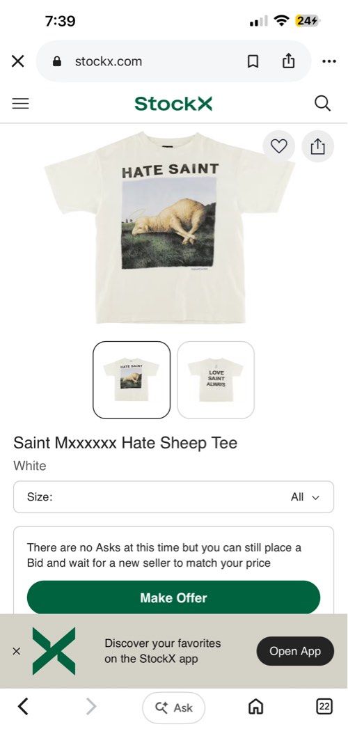 Saint Mxxxxxx Hate Sheep Tee White (Category: Tshirts & Polo Shirts ) located in San Juan, La Union. Submitted by jeggystyle (Listing ID 1460526494, Image 3). Description: - White Saint Mxxxxxx T-shirt - Unique front graphic: "HATE SAINT" with a sheep image - Unique back graphic: "LOVE SAINT ALWAYS" - Perfect for collectors - Versatile for any wardrobe.