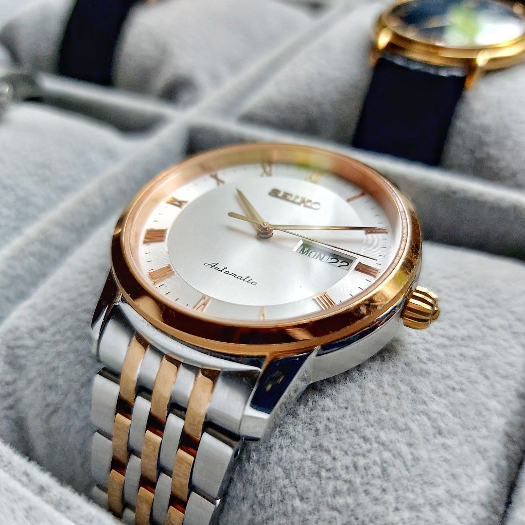 Seiko Presage Two Tone Japan Automatic Watch (Category: Men's Watches) located in Manila. Submitted by watchesvideogamestoys (Listing ID 1460509694, Image 2). Description: Seiko Presage Day Date Two Tone Japan Automatic Watch PhP22,500 Details: - Timepiece is in excellent running condition - Automatic movement - BMBY: July 2017 - Caliber/Case: 4R36-04E0 - Serial No: 770444 - Dial in mint condition - Handset and Roman numeral hour markers are all 