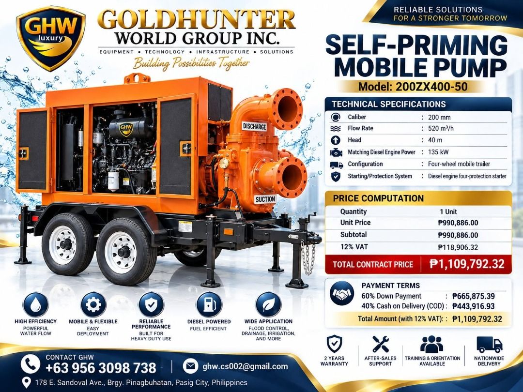 SELF-PRIMING MOBILE PUMP " HIGH-CAPACITY WATER MANAGEMENT SOLUTION " (Category: Industrial Equipment) located in Pasig City. Submitted by ernalyn.22 (Listing ID 1460591091, Image 3). Description: GHW SELF-PRIMING MOBILE PUMP — HIGH-CAPACITY WATER MANAGEMENT SOLUTION 💧 Built for demanding drainage, flood-control, dewatering, irrigation, and emergency pumping operations, the GHW Self-Priming Mobile Pump Model 200ZX400-50 combines powerful diesel p