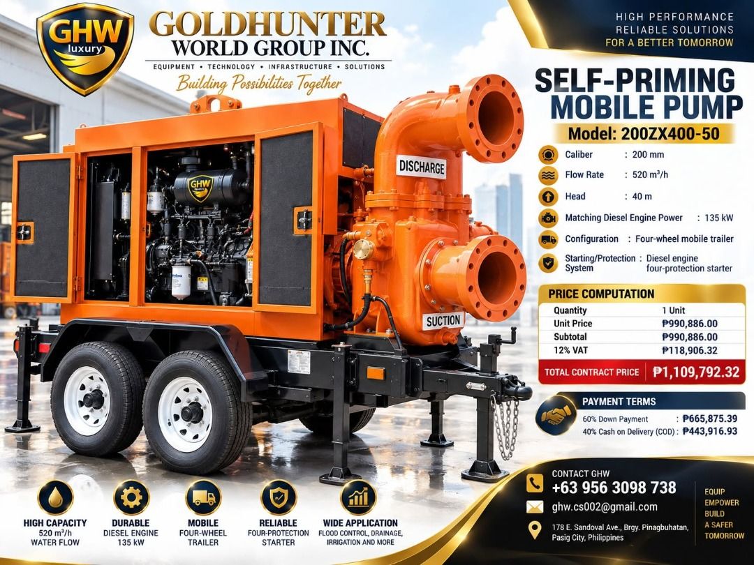 SELF-PRIMING MOBILE PUMP " HIGH-CAPACITY WATER MANAGEMENT SOLUTION " (Category: Industrial Equipment) located in Pasig City. Submitted by ernalyn.22 (Listing ID 1460591091, Image 2). Description: GHW SELF-PRIMING MOBILE PUMP — HIGH-CAPACITY WATER MANAGEMENT SOLUTION 💧 Built for demanding drainage, flood-control, dewatering, irrigation, and emergency pumping operations, the GHW Self-Priming Mobile Pump Model 200ZX400-50 combines powerful diesel p