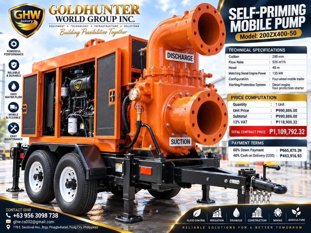 SELF-PRIMING MOBILE PUMP " HIGH-CAPACITY WATER MANAGEMENT SOLUTION " (Category: Industrial Equipment) located in Pasig City. Submitted by ernalyn.22 (Listing ID 1460591091, Image 1). Description: GHW SELF-PRIMING MOBILE PUMP — HIGH-CAPACITY WATER MANAGEMENT SOLUTION 💧 Built for demanding drainage, flood-control, dewatering, irrigation, and emergency pumping operations, the GHW Self-Priming Mobile Pump Model 200ZX400-50 combines powerful diesel p