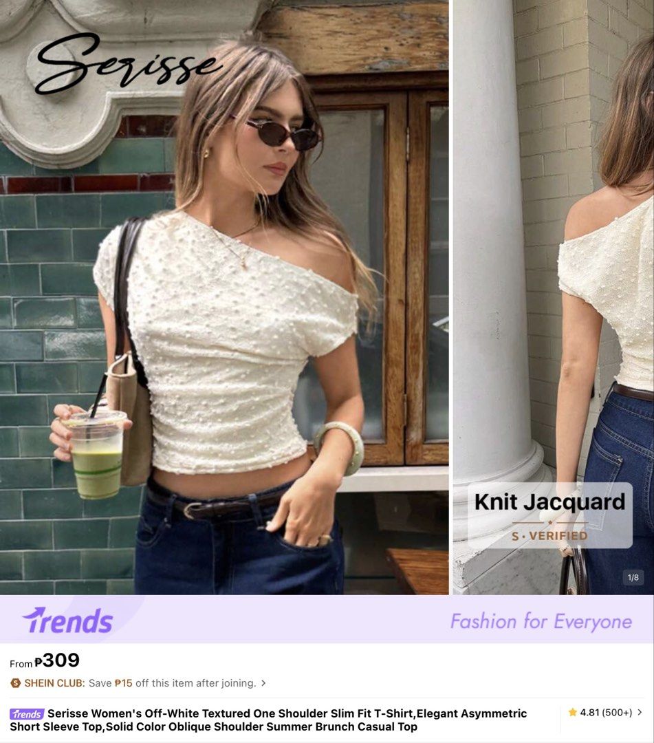 shein off white one side shoulder top with details (Category: Others Tops) located in Manila. Submitted by kartlhs (Listing ID 1460654273, Image 2). Description: - Off-white textured one-shoulder top - Slim fit with short sleeves - Asymmetrical neckline - Ruched detail on the side - Ideal for summer brunch or casual outings - Pairs well with jeans.
