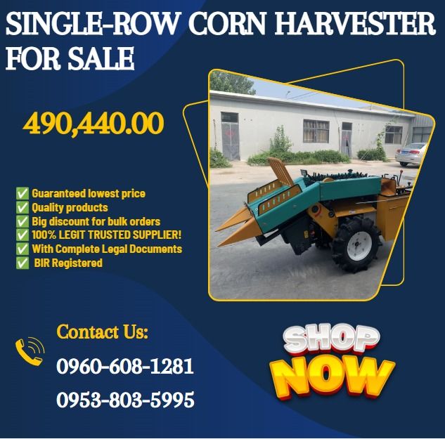 Single-row Corn Harvester for sale (Category: Construction Tools & Equipment) located in Caloocan City. Submitted by ultimatebi56643 (Listing ID 1460597256, Image 1). Description: ●External dimensions: 3650*1000*1270 (Wooden box ●dimensions: Secondary peeling machine wooden box ●dimensions: Length 2650×Width 1000×Height 1400mm, around 730kg mm) ●Total weight: 600kg ●Engine brand: Changzhou water-cooling diesel engine ●Start method: electric start