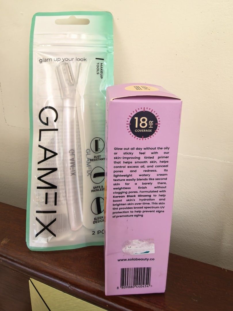 SOLA Foundation Primer & Glam-Fix Eyebrow Trimmer (Category: Makeup) located in Legazpi City. Submitted by fhlorms (Listing ID 1460618433, Image 2). Description: - SOLA Foundation Primer in Light Beige - Ultra-lightweight, watery skin tint - High sun protection: SPF 50+ PA+++ - Made in Korea - FREE 2-piece Glam-Fix Eyebrow Trimmer set - Ideal for makeup prep and grooming.