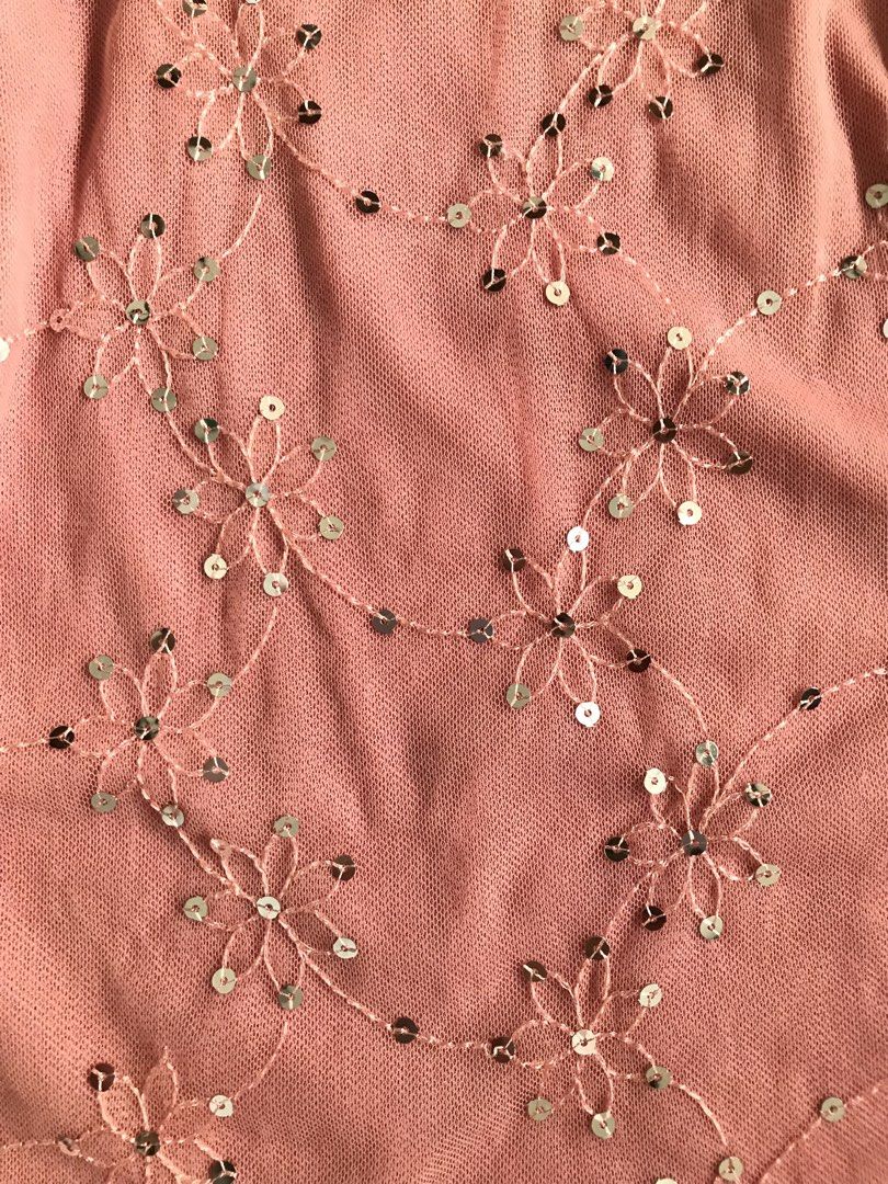 Sonsy, long-sleeve Mesh Top (Category: Longsleeves) located in Davao. Submitted by mira_e02 (Listing ID 1460629576, Image 3). Description: Floral embroidery and silver sequin detailing, slightly flared sleeves silhouette. Size: M-L (Stretchable). Minimal Issue: loose garter, stained sleeves..