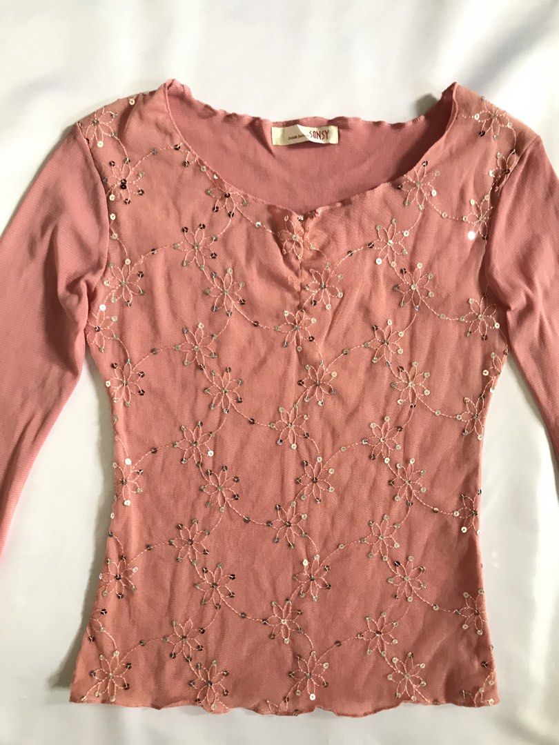 Sonsy, long-sleeve Mesh Top (Category: Longsleeves) located in Davao. Submitted by mira_e02 (Listing ID 1460629576, Image 2). Description: Floral embroidery and silver sequin detailing, slightly flared sleeves silhouette. Size: M-L (Stretchable). Minimal Issue: loose garter, stained sleeves..