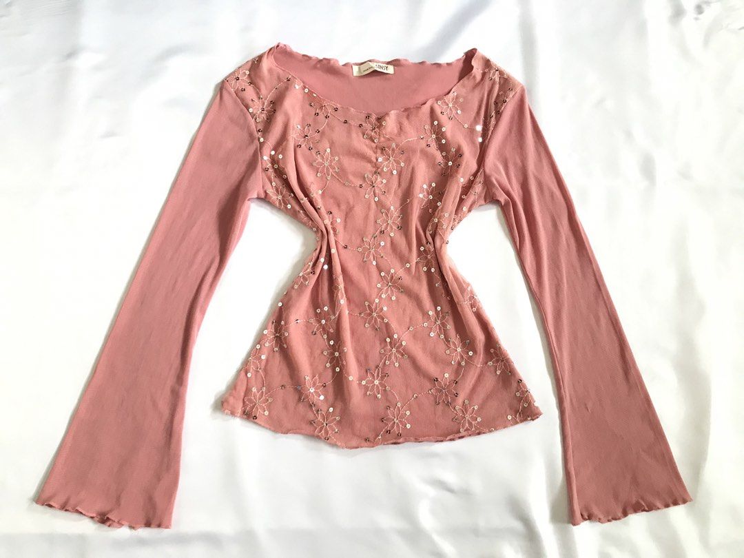 Sonsy, long-sleeve Mesh Top (Category: Longsleeves) located in Davao. Submitted by mira_e02 (Listing ID 1460629576, Image 1). Description: Floral embroidery and silver sequin detailing, slightly flared sleeves silhouette. Size: M-L (Stretchable). Minimal Issue: loose garter, stained sleeves..
