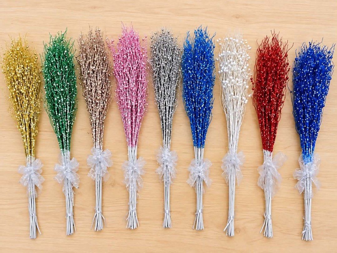 Sparkly Artificial Flowers for Decoration - Various Colors (Category: Artificial Plants & Flowers) located in Manila. Submitted by mecagani (Listing ID 1460527526, Image 1). Description: - Sparkly artificial flowers - Available colors: Gold, Green, Pink, Silver, Blue, White, Red, Brown - Ideal for: Crafts, Bouquets, Home Decor - Features: Small bow on each stem - Condition: Like new, never used - Feel free to ask questions!.