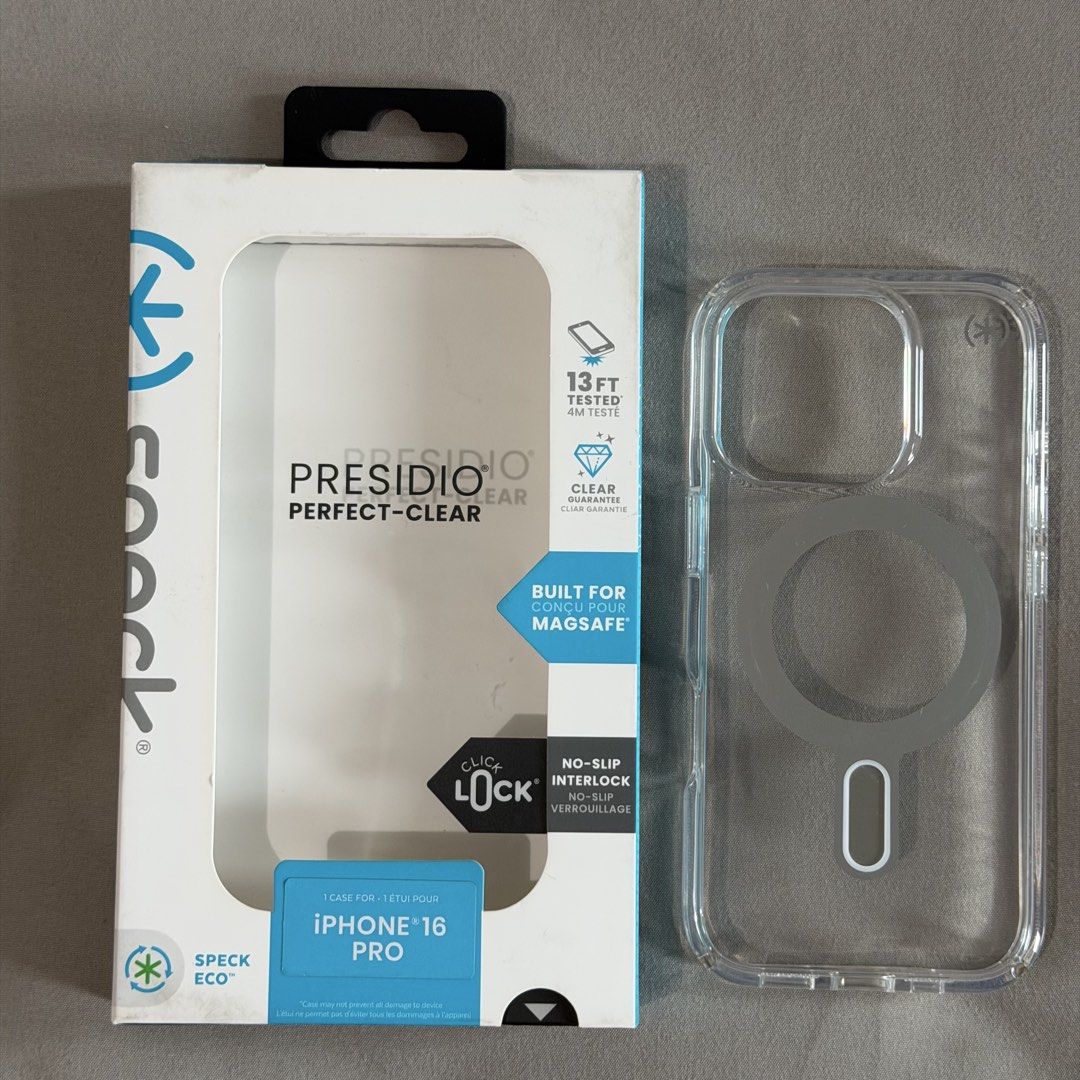 Speck Presidio Perfect-Clear Case — iPhone 16 Pro (Category: Cases & Sleeves) located in Makati City. Submitted by joelwilliamv (Listing ID 1460538757, Image 3). Description: Condition: Lightly used; exceptional clarity with minor and normal surface wear. Features: 13-foot drop protection, built-in anti-yellowing materials, and raised bezel edges for screen/camera safety. Logistics: Delivery fee shouldered by the buyer. Preference: Manila buyers 