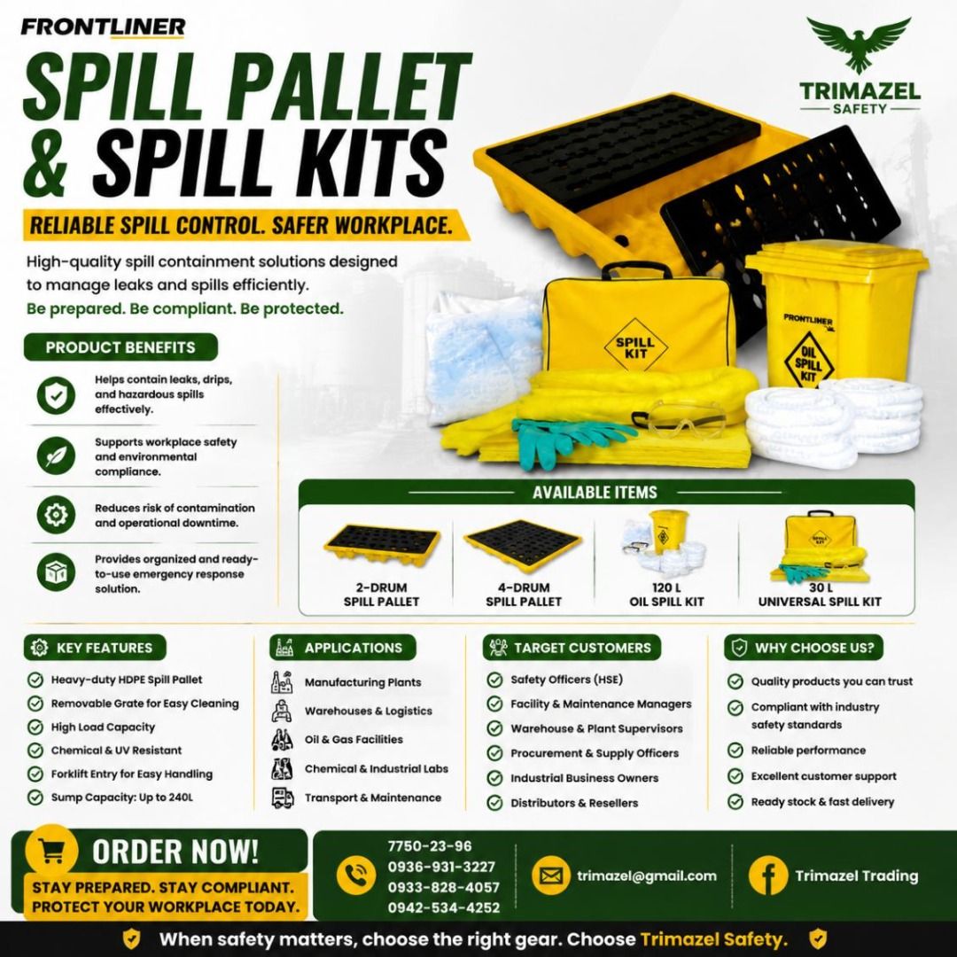 Spill Pallet & Spill Kits (Category: Looking For) located in Caloocan City. Submitted by trzl_liza14 (Listing ID 1460524176, Image 1). Description: ✅ Guaranteed lowest price ✅ Quality products ✅ Big discount for bulk orders ✅ 100% LEGIT TRUSTED SUPPLIER! ✅ With Complete Legal Documents ✅ BIR Registered We Supply All Kinds Of PPE Supplies, Raincoat, Hard Hat, Cooler Box, Plastic Trash Bin, Road Barriers, Kayak Boats, Crystal Kayak, Traffic Cone, T