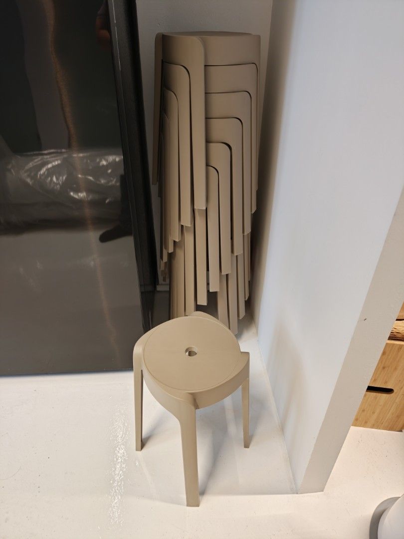 Stackable Beige Plastic Stools (Category: Chairs) located in Singapore. Submitted by keenwolf-1739 (Listing ID 1460580176, Image 1). Description: - Stackable design for easy storage - Durable and lightweight material - Ideal for extra seating at home or events $5 per pc self collect at Geylang Buy more can discount.
