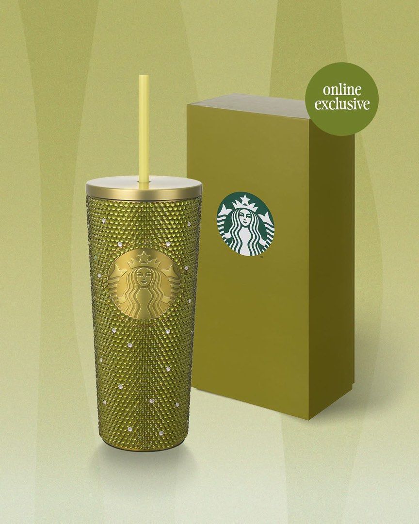 STARBUCKS RHINESTONE TUMBLER (Category: Water Bottles & Tumblers) located in Manila. Submitted by prelovedwearshop (Listing ID 1460647989, Image 1). Description: - original price: 7495 - size: 20oz - brand new, never been used - small dent on the lid (shown in photo) - missing gemstones at the bottom (shown in photo).