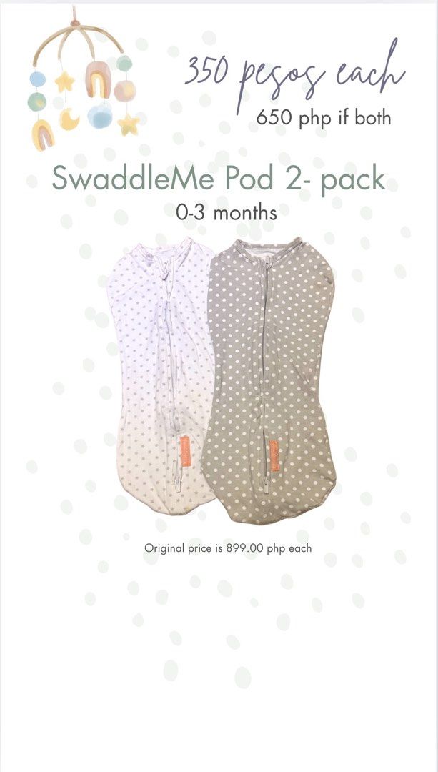 SwaddleMe Pod 2-pack 0-3 Months (Category: Babies & Kids Fashion) located in Las Pinas. Submitted by kaylaandkyra17 (Listing ID 1460553156, Image 1). Description: - 2-pack SwaddleMe Pods - Size: 0-3 months - Design 1: White with grey stars - Design 2: Grey with white polka dots - Original Price: PHP 899 each - Selling Price: PHP 350 each OR PHP 650 for both - Features: Keeps baby snug and secure.