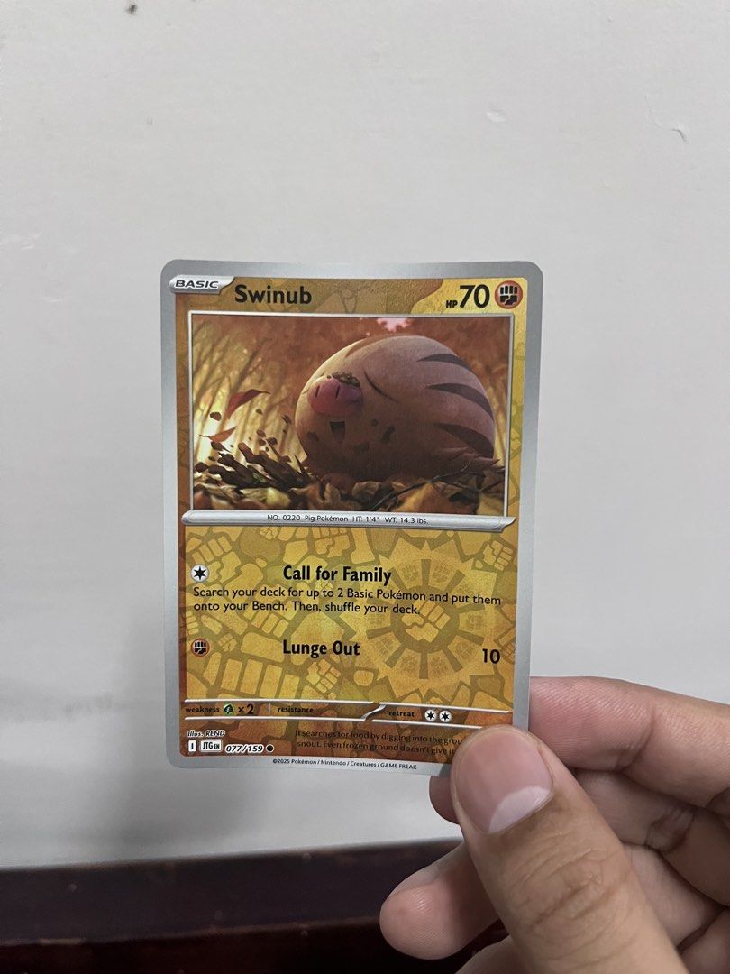 Swinub Pokemon Card - 077/159 (Category: Raw Singles) located in Pasay City. Submitted by paullimerized (Listing ID 1460708670, Image 1). Description: - Pokemon Card: Swinub - Set: 2025 - Card Number: 077/159 - HP: 70 - Abilities: Call for Family, Lunge Out - Ideal for collectors and players.