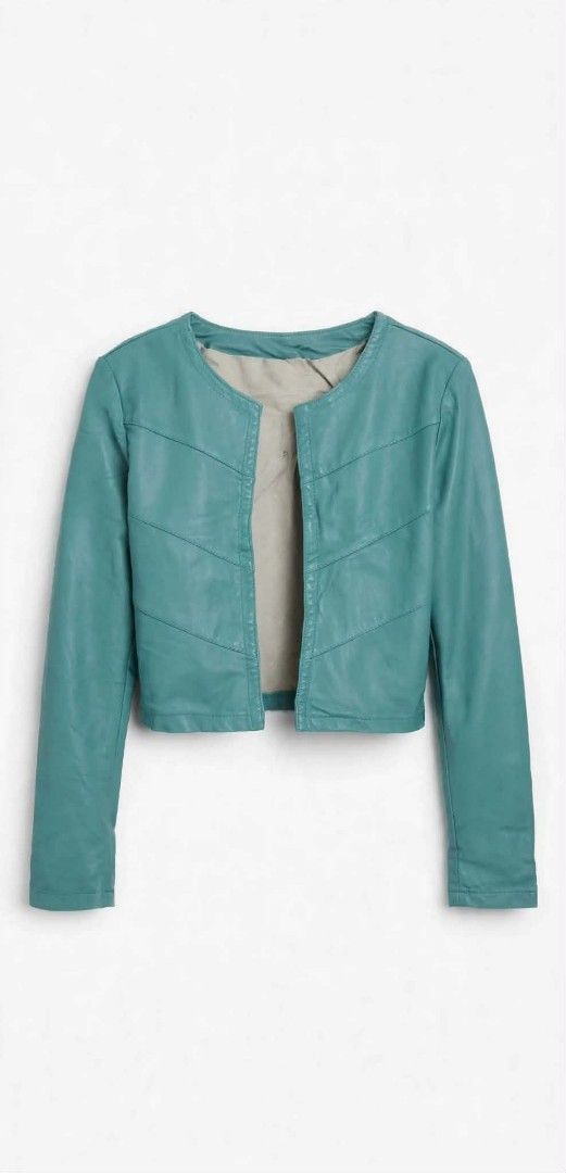 Teal Cropped Collarless Jacket (Category: Coats, Jackets and Outerwear) located in Manila. Submitted by roseannlmn66895 (Listing ID 1460584931, Image 1). Description: 💙 Teal Cropped Faux Leather Jacket ▫️ Color: Teal / Aqua blue ▫️ Style: Open front, cropped, long sleeves ▫️ Size: Small to Medium (cropped fit) ▫️ Material: Faux leather, with lining ▫️ Condition: Preloved, good condition, no bakbak 📍 Pasig City 🚚 MOD: Lalamove 💳 MOP: GCash PM 