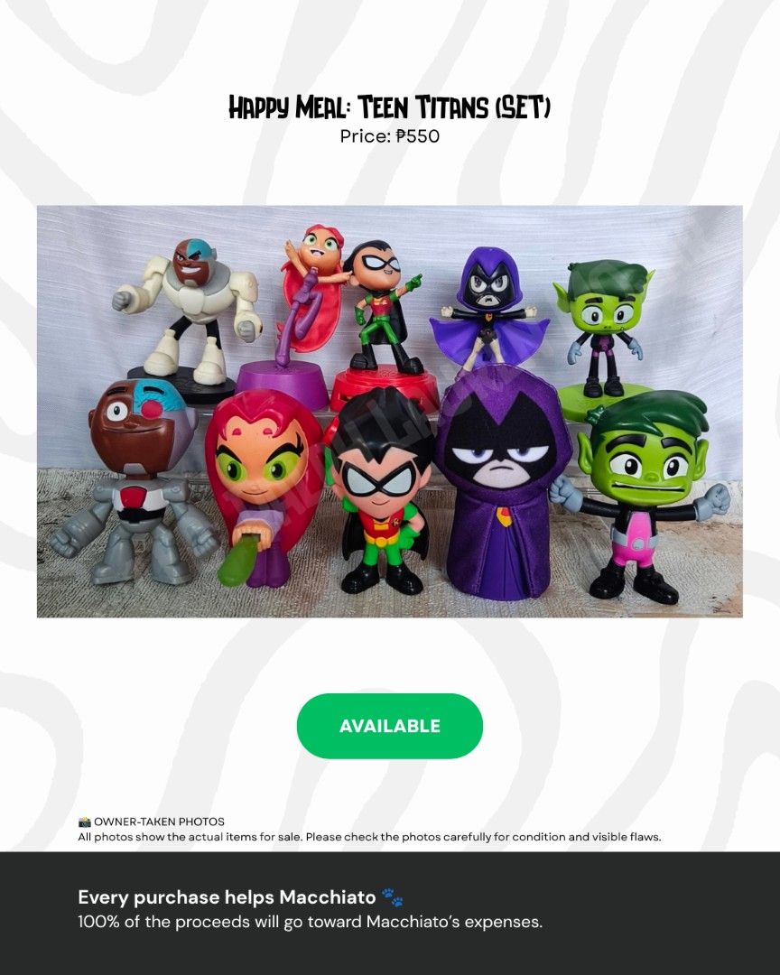 Teen Titans (Category: Figurines & Statues) located in Manila. Submitted by kopiko_black (Listing ID 1460683546, Image 1). Description: Collection for a cause: Selling some of my collectibles to help my Furbaby Macchiato: Takenote: Mindly manage expectations as all items was out of the box because it was displayed only. All items displayed on the photos as well as payment and shop rules: 📍Loc: San Andres Bukid Manila 🛵 Mod: lalamove / moveit / 