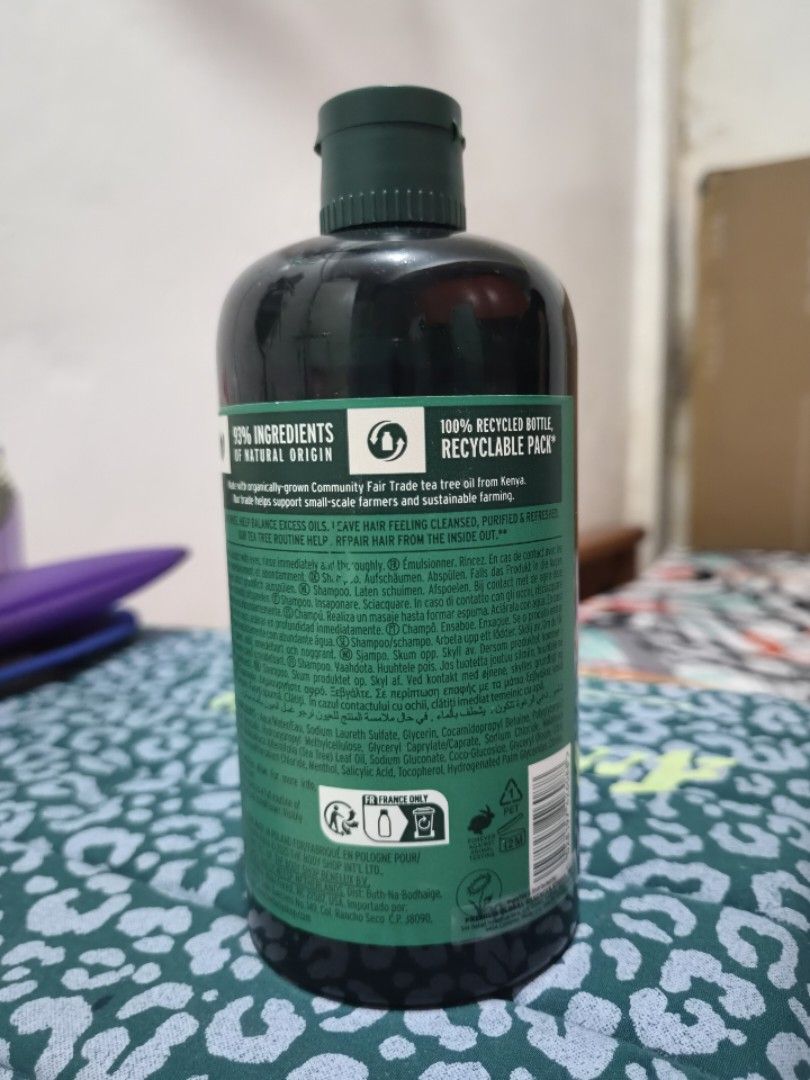 The Body Shop Tea Tree Purify Shampoo (Category: Hair) located in Taguig. Submitted by babiejieun (Listing ID 1460682692, Image 2). Description: The Body Shop Tea Tree Purify Shampoo for Oily Hair and Scalp - Only consumed about 10% of the content (please refer to 3rd pic) - Expiry Date: August 2028 - Bought at their physical store - RFS: not suitable for my recent hair treatment, needed to switch to other shampoo. MOD: j&t, sdd Loc: Taguig City.
