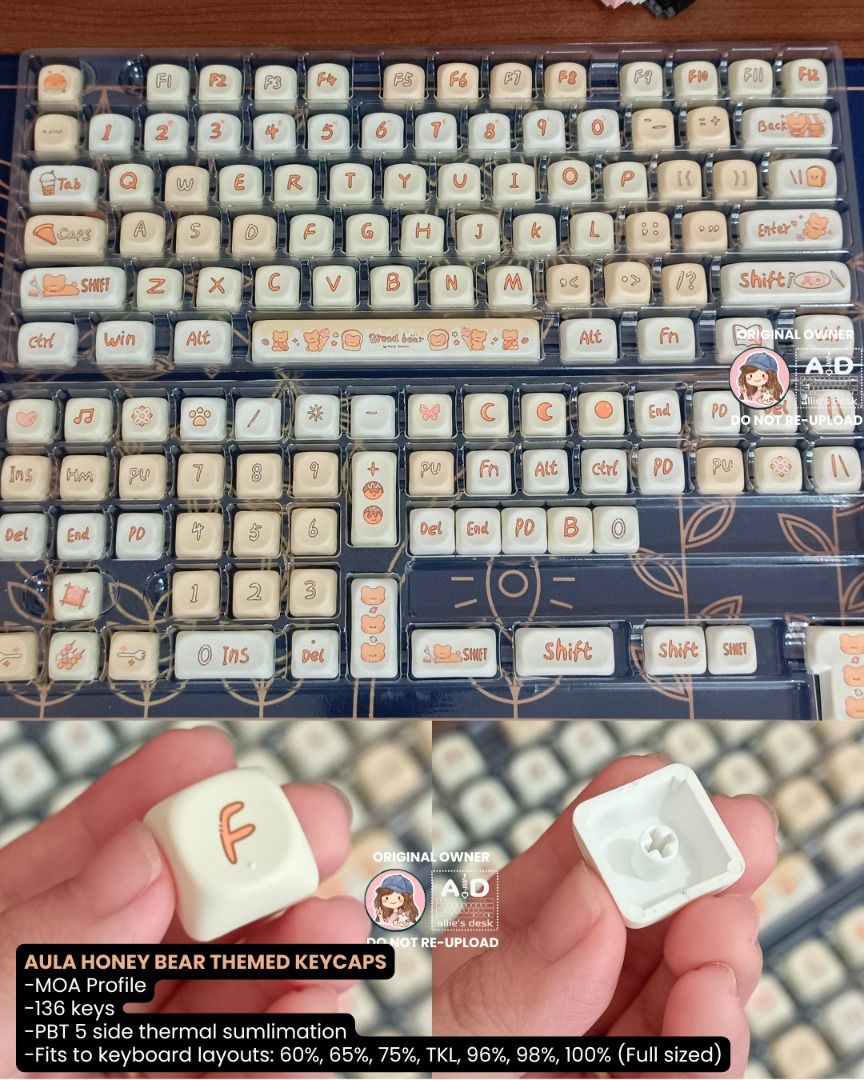 Themed Keycaps MOA and OEM Profile (Category: Computer Keyboard) located in Quezon City. Submitted by alliesdesk (Listing ID 1460623505, Image 1). Description: FS Themed keycaps ✨Price starts at 450! Check our fb page Allie's Desk for more pics and info -All brand new -arranged in a box or bagged only -QC, Elliptical Rd. Prices: 1. Aula Honey Bear Theme MOA Keycaps Price: ₱650 (boxed) | ₱550 (bagged) [SOLD] Pink Cat Paw OEM Keycaps Price: ₱400 (a