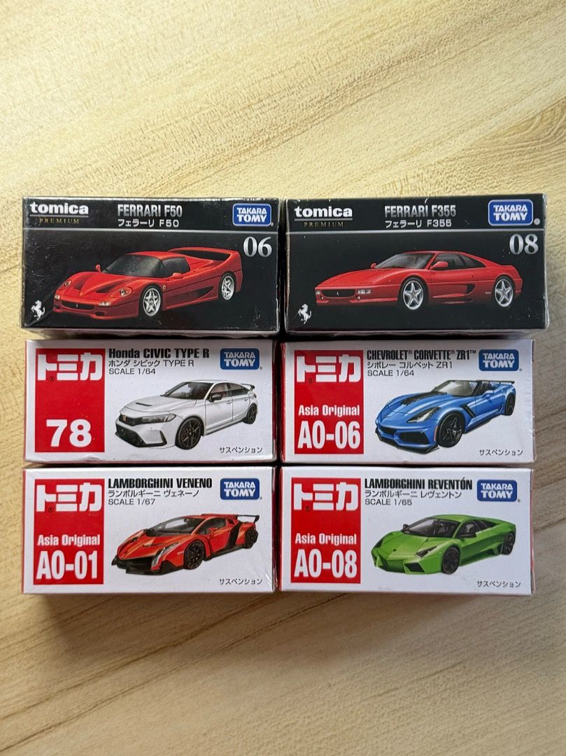 Tomica Diecast Set (Premium + Regular) (Category: Vehicle & Diecast Models) located in Binan City. Submitted by carmelanikail (Listing ID 1460661071, Image 1). Description: SOLD AS SET ONLY - 1,500 (super steal price already!!) All models still sealed. Set includes: - Ferrari F50 (Premium) - Ferrari F355 (Premium) - Honda Civic Type R FL5 - Corvette ZR1 - Lamborghini Veneno - Lamborghini Reventon RFS: Extra MOP: Cash on meetup/GCash/Maya/BDO/BPI 