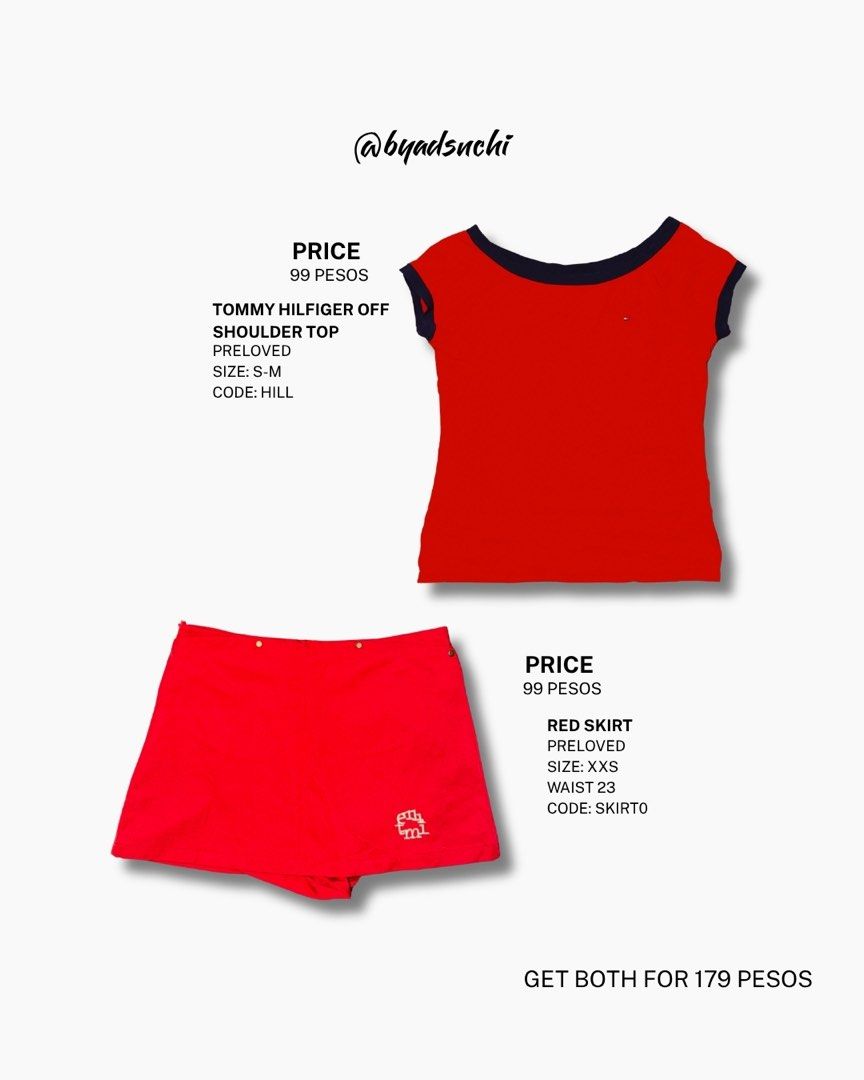 Tommy Hilfiger Top & Red Skirt Set (Category: Sets or Coordinates) located in Manila. Submitted by adsnchi (Listing ID 1460521828, Image 1). Description: - Preloved red Tommy Hilfiger off-shoulder top - Size: S-M - Preloved red skirt - Size: XXS - Waist: 23 inches - Bundle price for both items: 179 pesos.