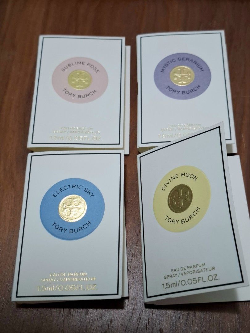 Tory Burch Eau de Parfum Sample Set (Category: Fragrance & Deodorants) located in Quezon City. Submitted by ejo23 (Listing ID 1460687120, Image 2). Description: Set of 4 Tory Burch perfume samples Variants: -Sublime Rose -Mystic Geranium -Electric Sky -Divine Moon Each original sample is 1.5ml. Feel free to message!.