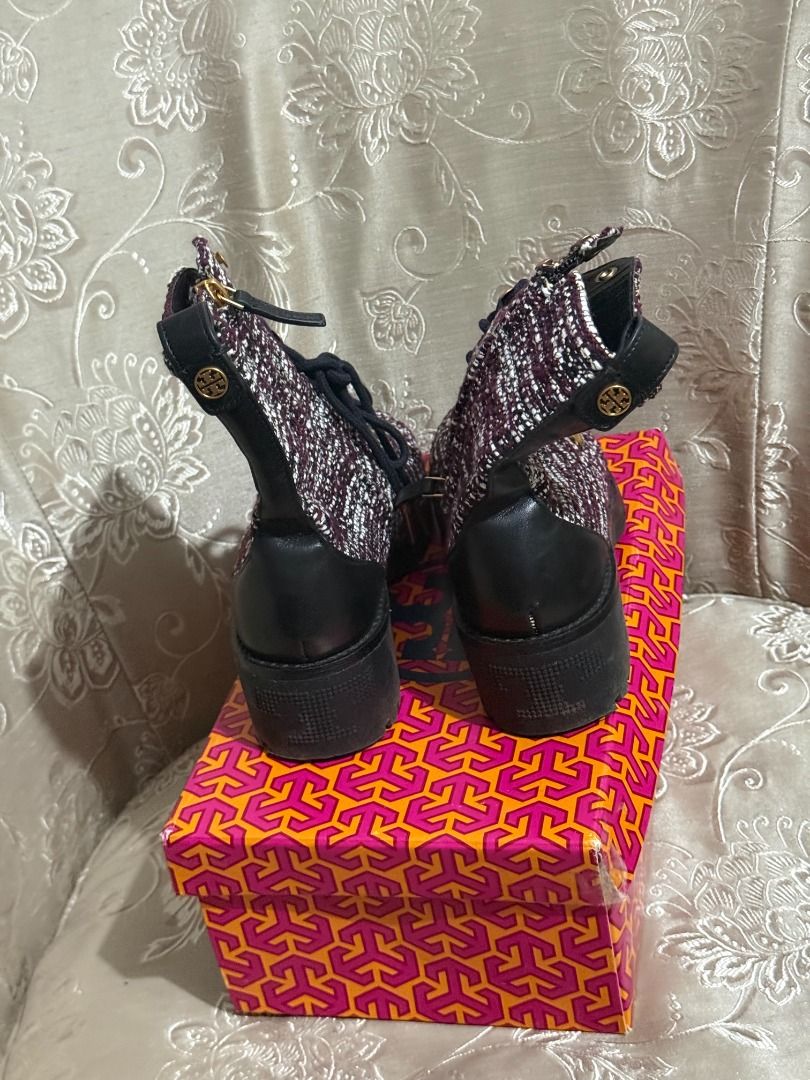 Authentic TORY BURCH Miller Tweed & Leather Boots (US 7W / EU 38) (Category: Sneakers & Footwear) located in Makati City. Submitted by fpled (Listing ID 1460616788, Image 2). Description: Tory Burch Miller combat boots! Features a rich burgundy, cream, and black tweed weave with black leather trim, gold-tone Double T heel logos, and heavy-duty rubber lug soles. Built with an inner side zipper for quick, effortless wear. Good for A/C offices, mall