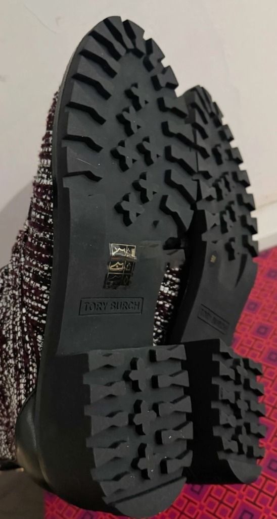 Authentic TORY BURCH Miller Tweed & Leather Boots (US 7W / EU 38) (Category: Sneakers & Footwear) located in Makati City. Submitted by fpled (Listing ID 1460616788, Image 3). Description: Tory Burch Miller combat boots! Features a rich burgundy, cream, and black tweed weave with black leather trim, gold-tone Double T heel logos, and heavy-duty rubber lug soles. Built with an inner side zipper for quick, effortless wear. Good for A/C offices, mall