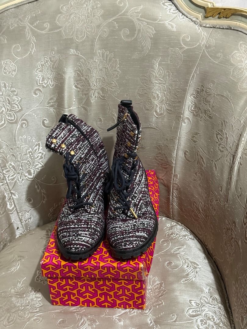 Authentic TORY BURCH Miller Tweed & Leather Boots (US 7W / EU 38) (Category: Sneakers & Footwear) located in Makati City. Submitted by fpled (Listing ID 1460616788, Image 1). Description: Tory Burch Miller combat boots! Features a rich burgundy, cream, and black tweed weave with black leather trim, gold-tone Double T heel logos, and heavy-duty rubber lug soles. Built with an inner side zipper for quick, effortless wear. Good for A/C offices, mall