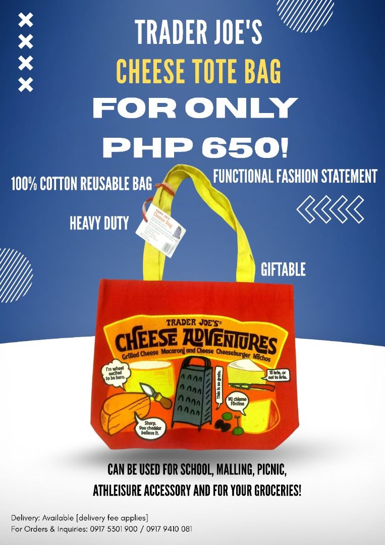 Trader's Joe Cheese Tote Bag (Category: Tote Bags) located in Quezon City. Submitted by thinkerbeng (Listing ID 1460593034, Image 1). Description: - Trader Joe's Cheese Tote Bag - Made from 100% Cotton - Heavy Duty and Reusable - Functional Fashion Statement - Giftable item - Versatile use: School, Malling, Picnic, Athleisure Accessory, Groceries.