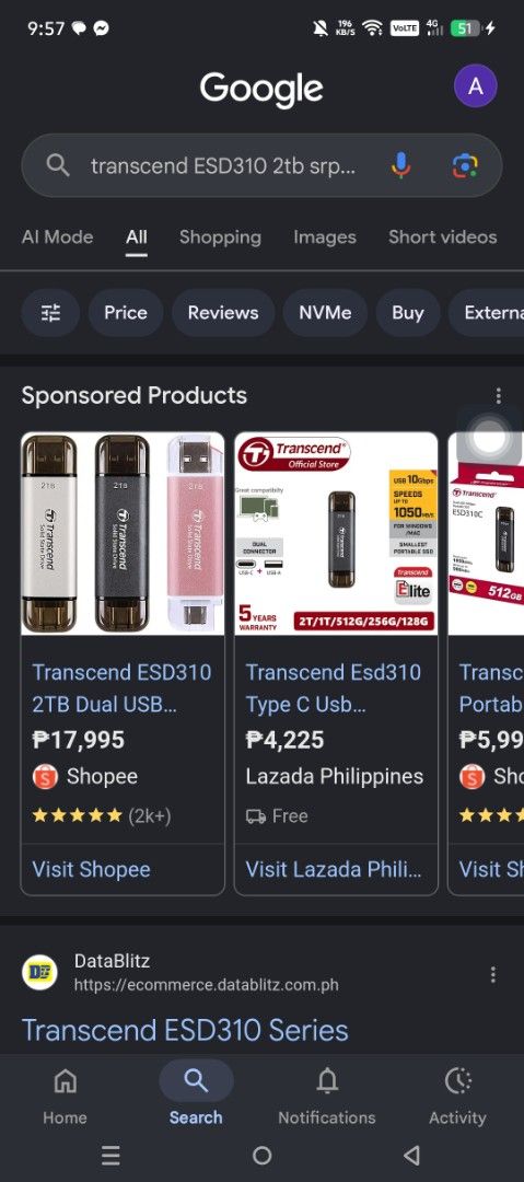 Transcend ESD310 2TB Dual USB 10Gbps Portable SSD (Category: Computer Parts) located in Quezon City. Submitted by jeffersona19407 (Listing ID 1460537281, Image 3). Description: - Transcend ESD310 Portable SSD - Massive 2TB Storage - Blazing Fast Speeds: Up to 1050MB/s Read, 950MB/s Write - Universal Compatibility: Works with both USB Type-A and USB Type-C ports - Ultra-Compact & Portable Design - Perfect for backups, large files, and fast transfe
