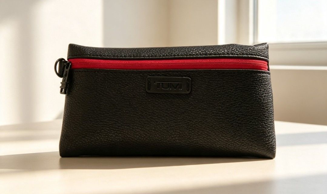 TUMI Travel Mini Bag Pouch (Category: Luxury Bags & Wallets) located in Manila. Submitted by trplxn (Listing ID 1460531388, Image 1). Description: TUMI x El Al premium leather pouch — black with red zipper. Dual zip, travel/cosmetic organizer. Like new condition! Limited edition, high quality. Perfect for daily use or travel. Message for more product details!.