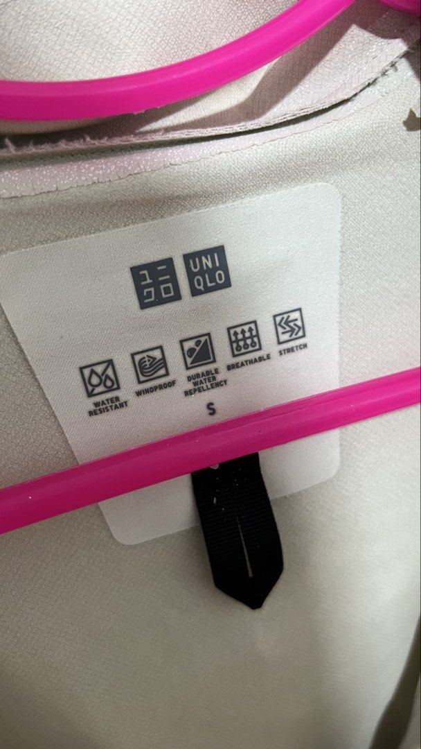 Uniqlo Blocktech Jacket Size S (Category: Coats, Jackets and Outerwear) located in Paranaque City. Submitted by destashdeclash (Listing ID 1460600624, Image 3). Description: - Uniqlo Hooded Jacket - Color: Natural - Size: S - Features: Water-resistant, Windproof, Breathable, Stretch - Closure: Snap button and zipper - Ideal for: Everyday wear, outdoor activities - Benefit: Easy to pack and carry Flaws, see last pic (inside lining, can be easily c
