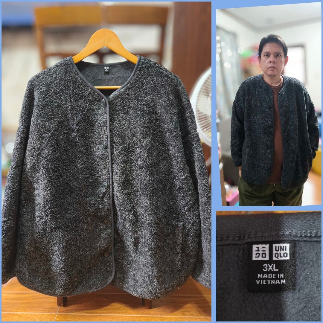 UNIQLO button down piled lined fleece cardigan (Category: Coats, Jackets and Outerwear) located in Antipolo. Submitted by janernest92368 (Listing ID 1460588767, Image 1). Description: - 3XL on tag can fit XL TO 3XL size - Dimes: W 27in. x L 27.5in. (boxy fit) - in good condition - complete tags - color rate: 9.5/10 ISSUE: none * Manage your expectations. These items are thrifted/ukay and pre-loved. These are not brand new. Will tell if it is in g