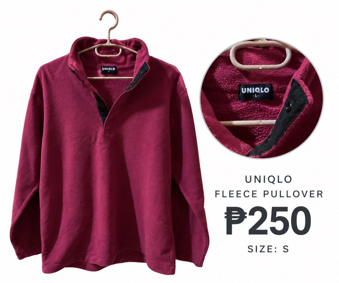 Uniqlo Fleece Pullover - Size S (Category: Coats, Jackets and Outerwear) located in Manila. Submitted by grandwolf-62cf (Listing ID 1460707740, Image 1). Description: - Uniqlo Fleece Pullover - Size: S - Color: Deep Berry - Snap-button neckline with black trim - Subtle textured fleece pattern - Ideal for layering or standalone wear.