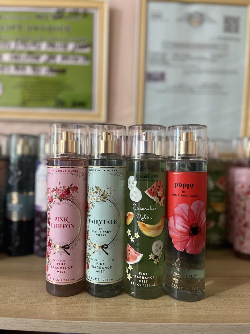 US origin Newest Packaging BBW mists (Category: Fragrance & Deodorants) located in Narvacan. Submitted by skzchin (Listing ID 1460542487, Image 1). Description: New packaging Pink chiffon 550 Fairytale 580 Cucumber Melon 550 Poppy 550 All US origin 🇺🇸 J&T or LBC express shipment 📦🚚.