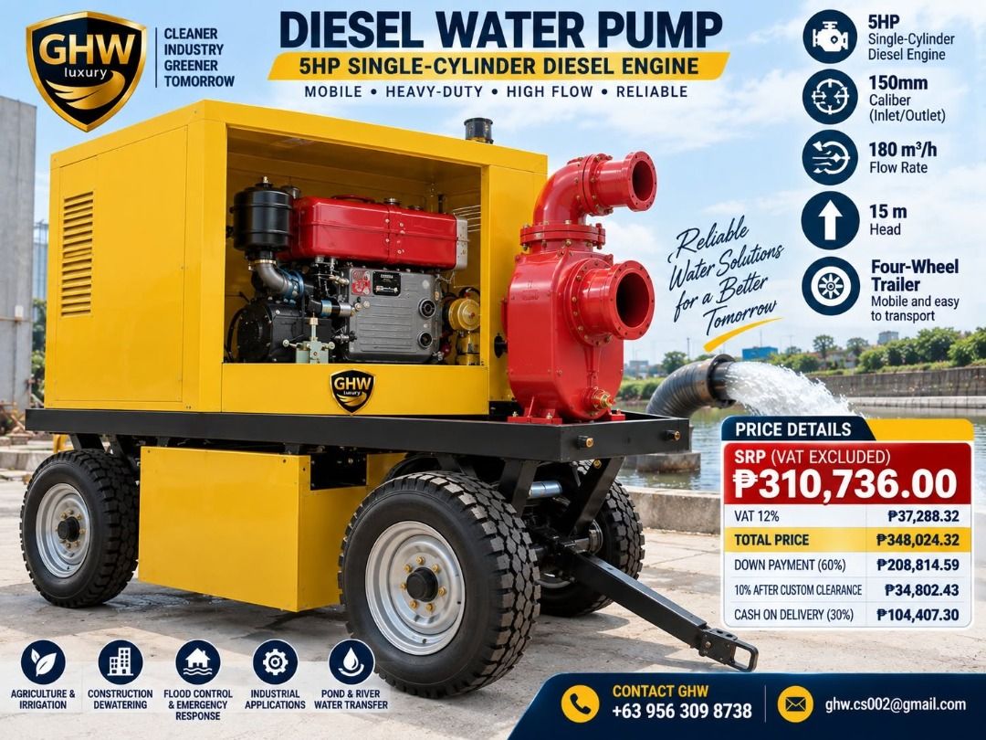 WATER PUMP "5HP MOBILE DIESEL" WHEEL TRAILER TYPE (Category: Industrial Equipment) located in Pasig City. Submitted by ernalyn.22 (Listing ID 1460587660, Image 3). Description: GHW 5HP MOBILE DIESEL WATER PUMP – FOUR-WHEEL TRAILER TYPE Heavy-Duty | High-Flow | Mobile | Reliable Powerful, portable, and built for demanding water-management operations, the GHW 5HP Single-Cylinder Diesel Water Pump is designed for rapid water transfer, irrigation, dr