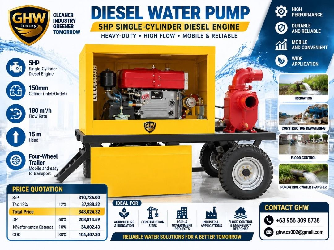 WATER PUMP "5HP MOBILE DIESEL" WHEEL TRAILER TYPE (Category: Industrial Equipment) located in Pasig City. Submitted by ernalyn.22 (Listing ID 1460587660, Image 2). Description: GHW 5HP MOBILE DIESEL WATER PUMP – FOUR-WHEEL TRAILER TYPE Heavy-Duty | High-Flow | Mobile | Reliable Powerful, portable, and built for demanding water-management operations, the GHW 5HP Single-Cylinder Diesel Water Pump is designed for rapid water transfer, irrigation, dr