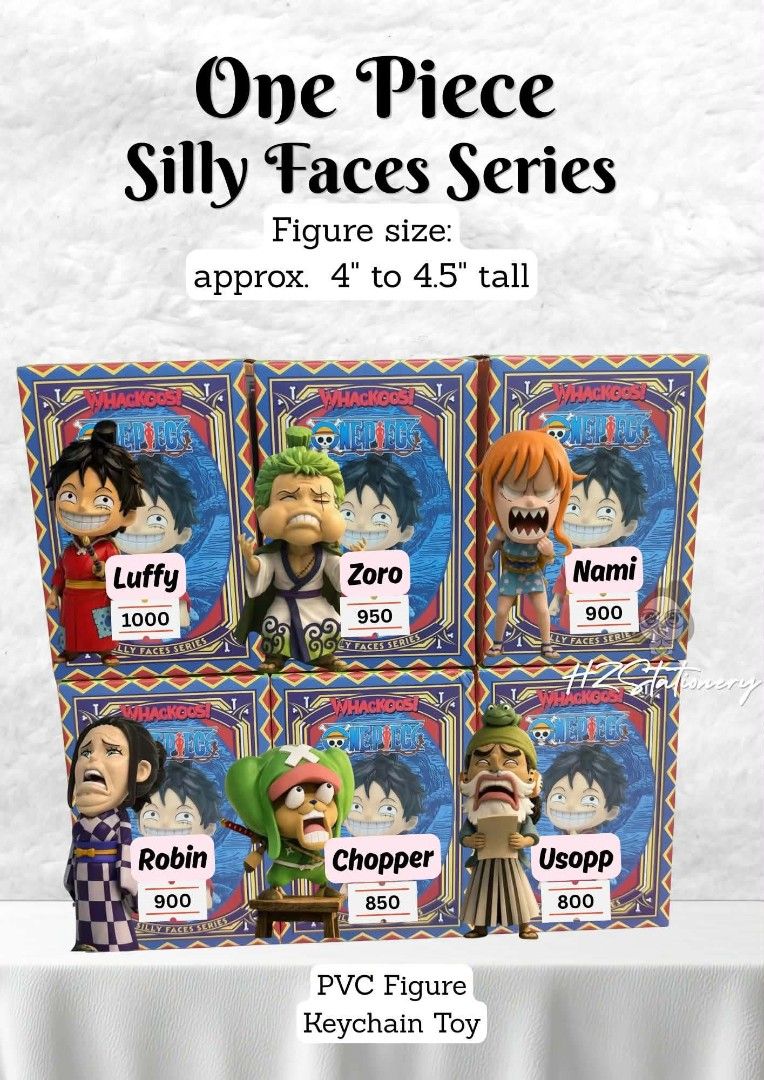 Whackoos! One Piece Silly Faces Series Figure Toy (Category: Figurines & Statues) located in Manila. Submitted by hzdeclutterstuffscollectionsph (Listing ID 1460686863, Image 2). Description: 🔴pls send 📩 sa blue app 👉HZ STATIONERY due to reply limit ni car0 ‼️ see price sa 2nd pic • BRANDNEW • AUTHENTIC✨️ •Blind box products are SOLD AS IS. 📏Size: approx. 4-4.5" tall 📍PASIG NO COD CASH on pick up/ G•cash SPX / LALAMOVE.