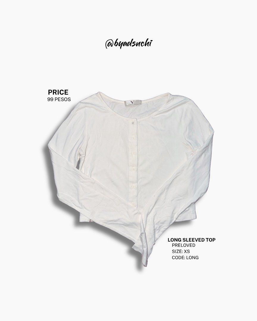 White Long Sleeved Top - Preloved XS (Category: Longsleeves) located in Manila. Submitted by adsnchi (Listing ID 1460521759, Image 1). Description: - White long-sleeved top - Button-up front - Size XS - Perfect for layering or wearing on its own - Simple and versatile piece - Grab it now!.