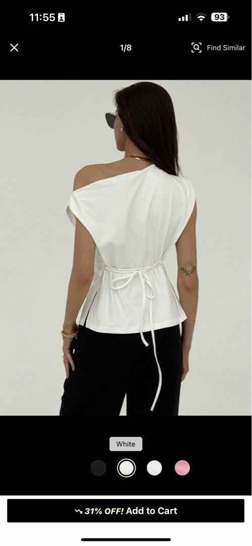 White One-Shoulder Drape Top with Tie Back (Category: Sleeveless) located in Caloocan City. Submitted by beyasclothing (Listing ID 1460687522, Image 2). Description: Fits m-l Asymmetrical Off shoulder top Color white Brand new never worn Perfect for casual date nights Pm me for more details :>>>.
