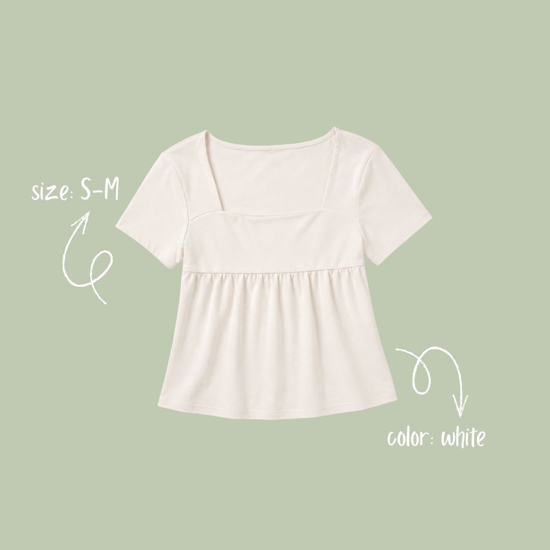 White Square Neck Babydoll Top S-M (Category: Blouses) located in Manila. Submitted by aly_tgn (Listing ID 1460713311, Image 1). Description: - Cute white top - Square neckline - Babydoll style with gathering under bust - Flowy silhouette - Short sleeves - Comfortable and easy to wear - Versatile for casual or dressed-up looks.