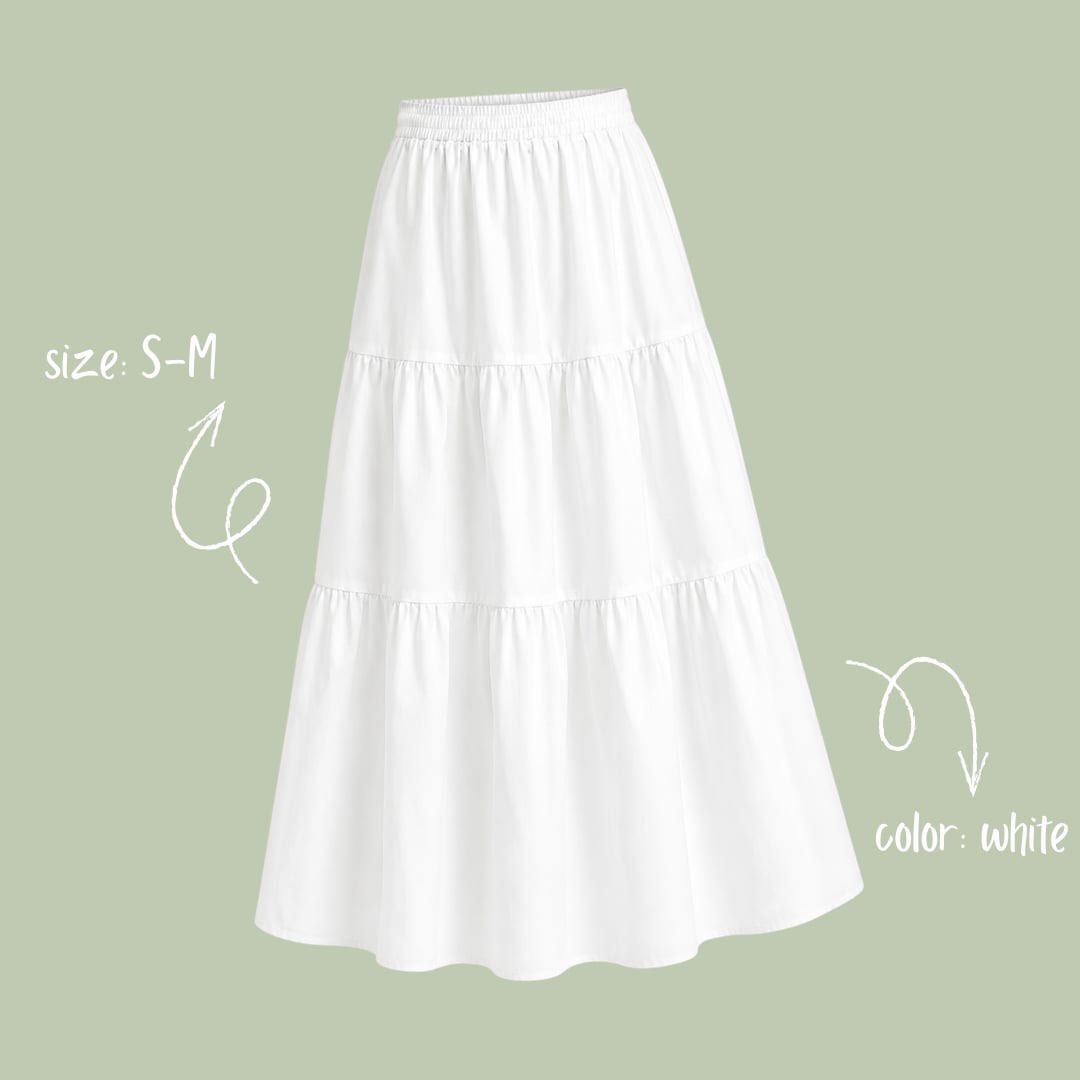 White Tiered Maxi Skirt Size S-M (Category: Skirts) located in Manila. Submitted by aly_tgn (Listing ID 1460713412, Image 1). Description: - White tiered maxi skirt - Comfortable elastic waistband - Flowy and breezy for everyday wear - Versatile: great for casual outings or dressing up - Easy to pair with any top.